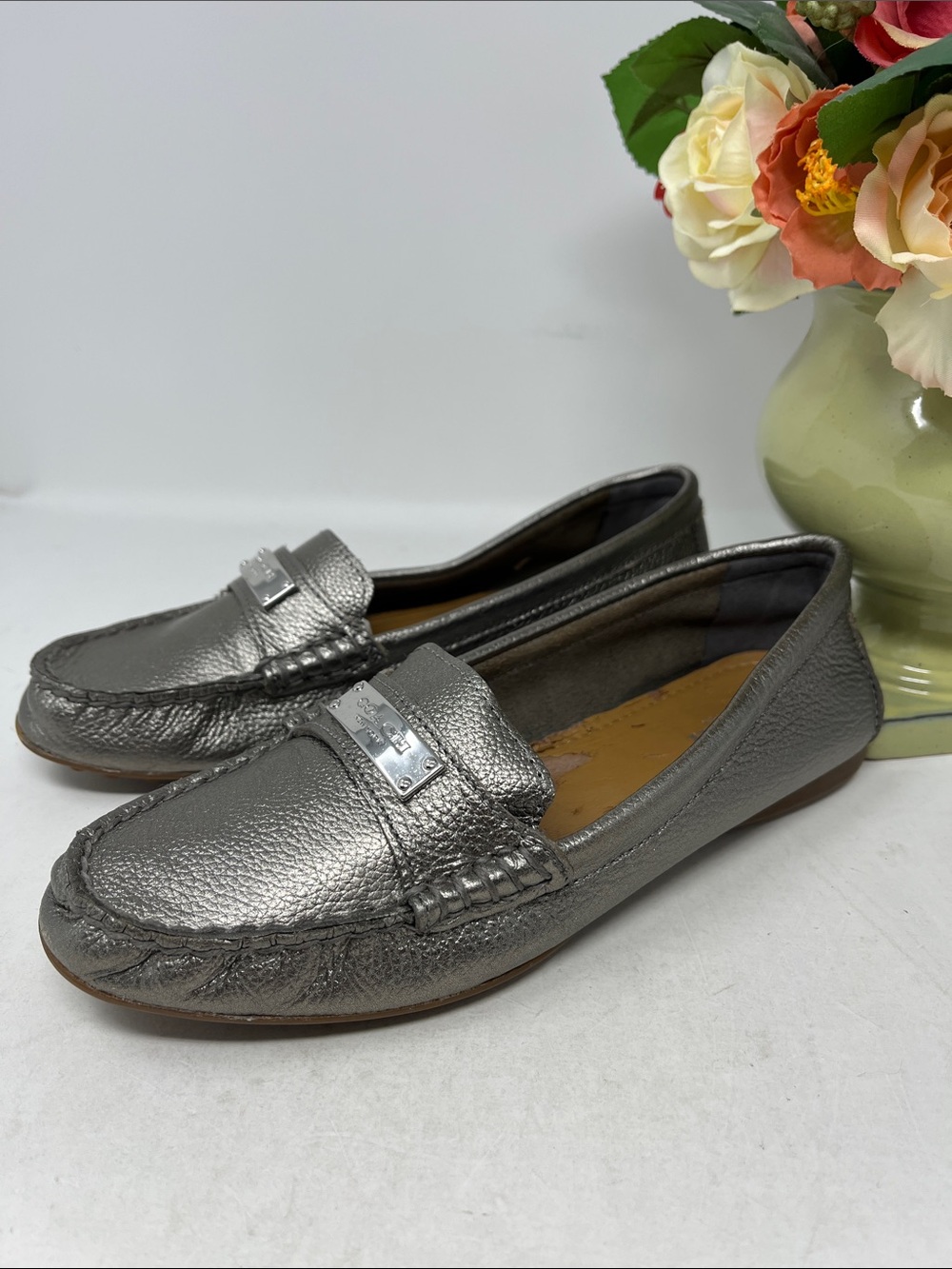 COACH FREDRICA METALLIC PEWTER GENUINE LEATHER LOAFERS SZ 6.5